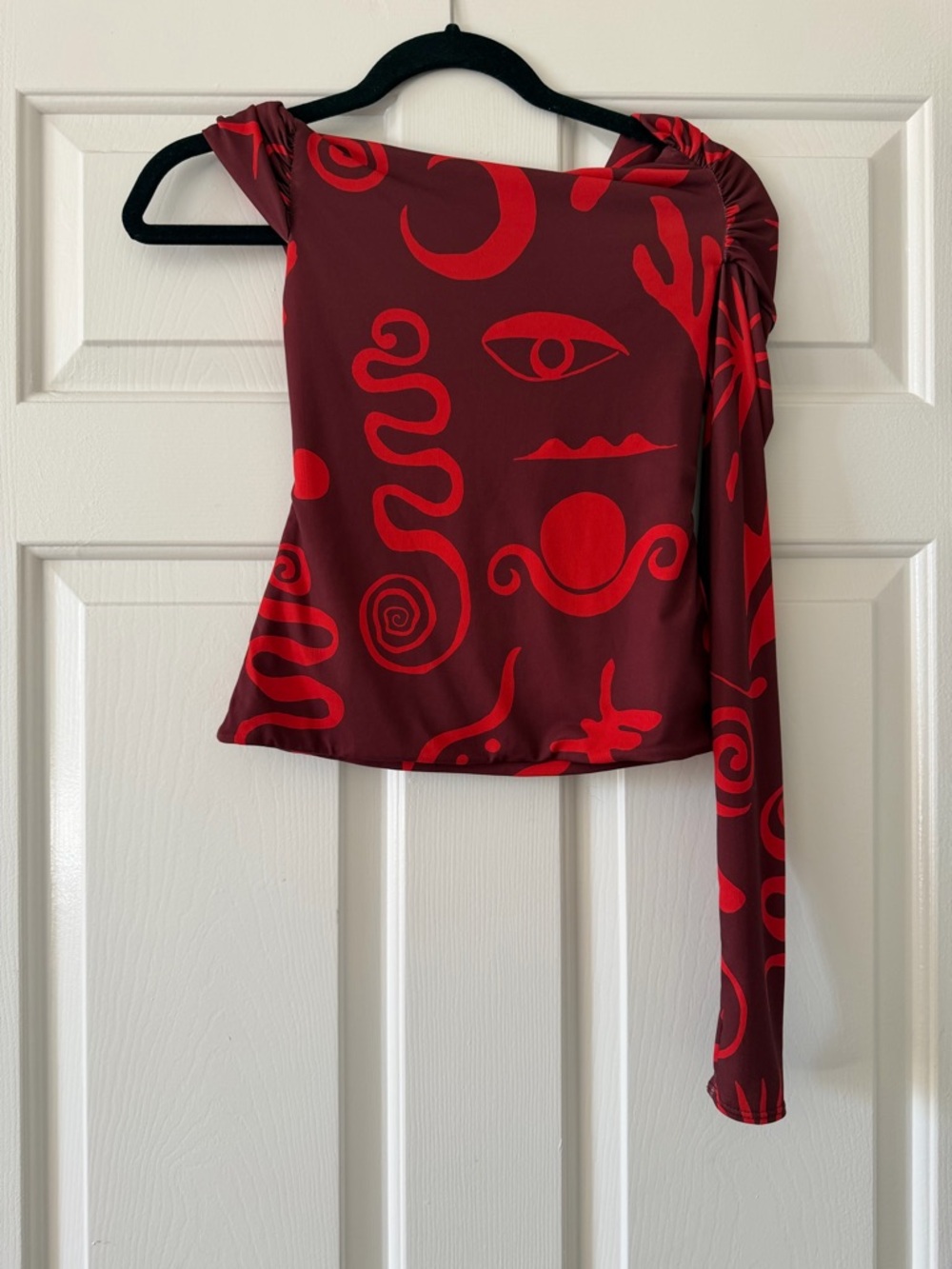 Asymmetric Red Patterned Cowl-Neck Top - Picture 2 of 5